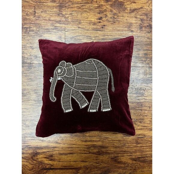 Decorative Embellished Pillow 18 X 18 In Burgundy Velvet Beads & Rhinestone - Picture 1 of 5